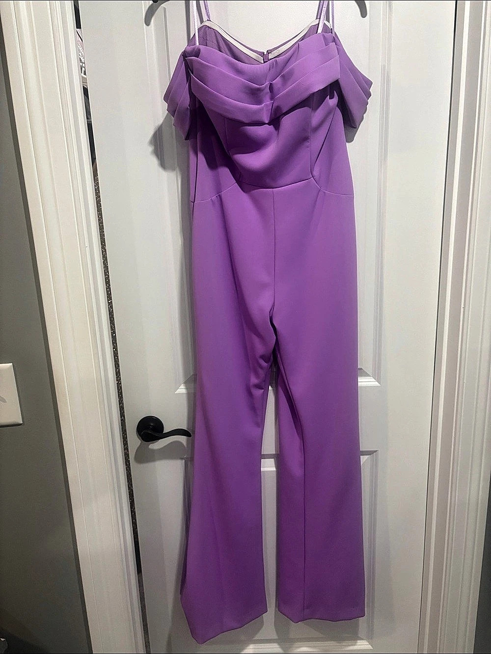 Ashley Lauren Pleated Off Shoulder Scuba Jumpsuit Purple Off Shoulder Jumpsuit